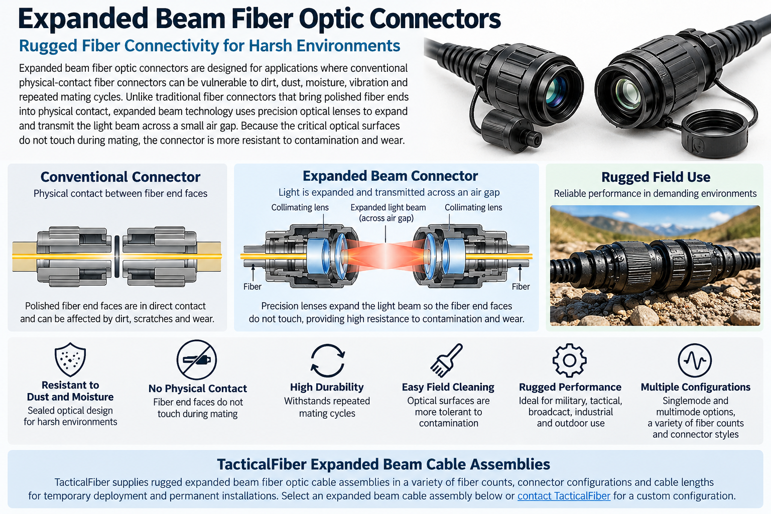 Expanded beam fiber optic connector showing conventional physical-contact fiber compared with expanded beam optical technology